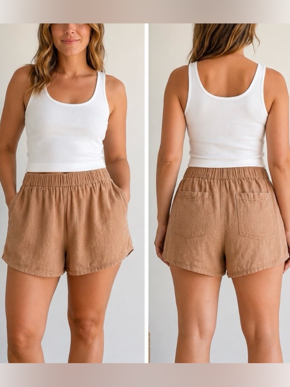 MATE the Label Tan Linen Blend Elastic Waist Shorts